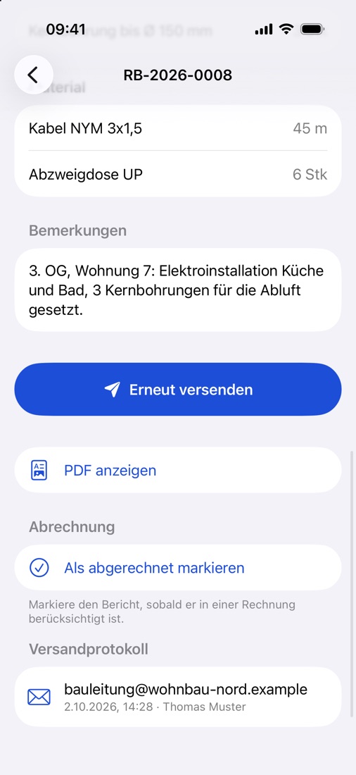 Versendeter Bericht mit Protokoll