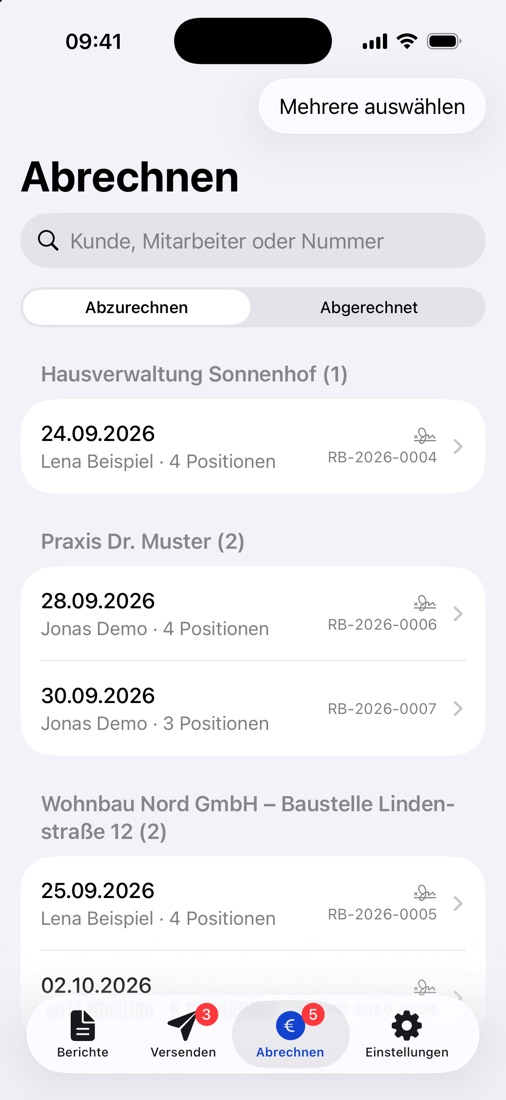 Abrechnen: Berichte nach Kunde